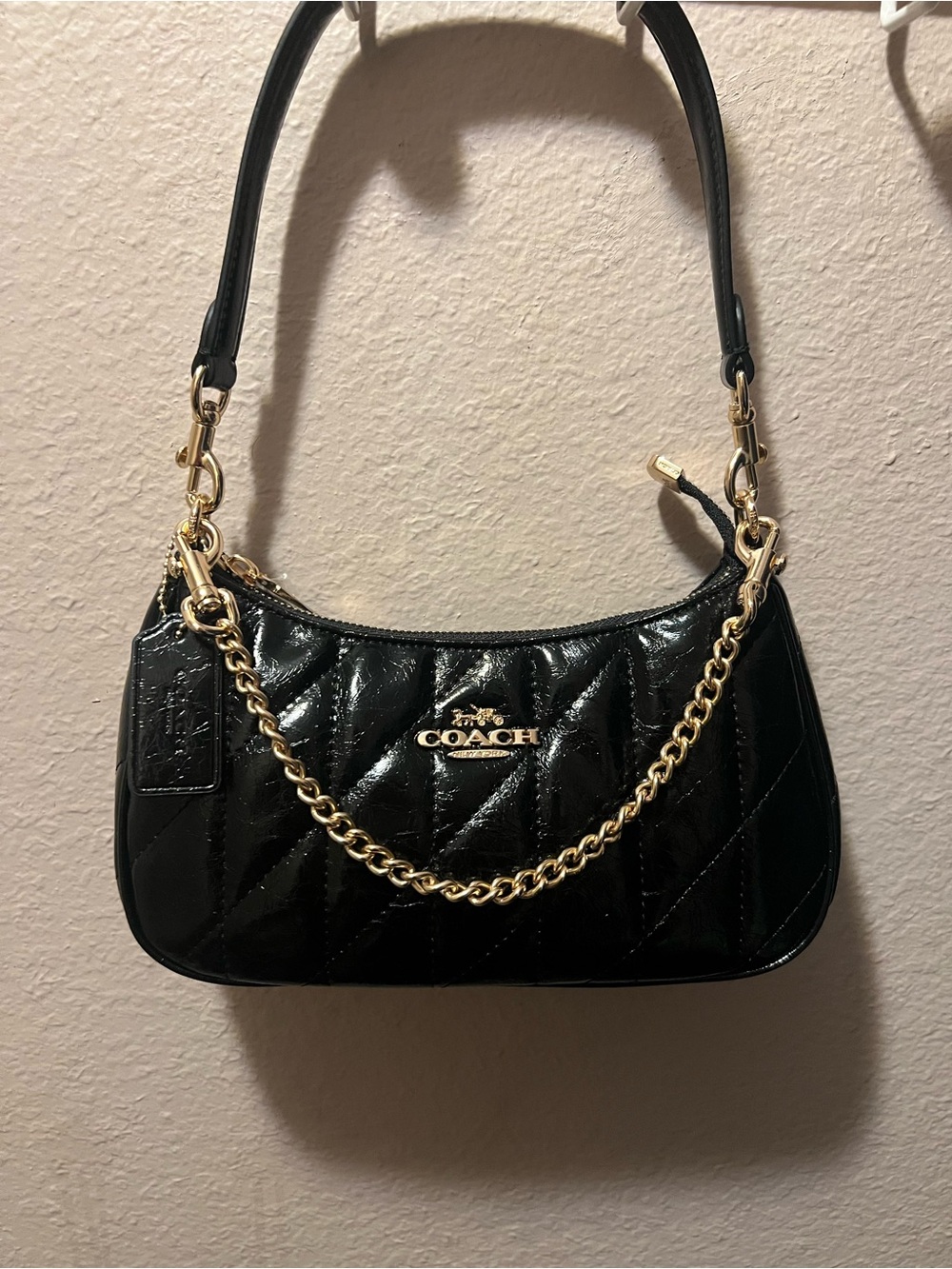 Coach Black Quilted Patent Shoulder Bag with Gold Chain